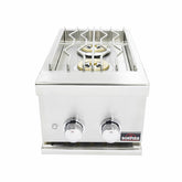 Bonfire Premium Double Side Burner showcased, featuring 304 stainless steel construction and blue LED control knobs for stylish outdoor cooking.